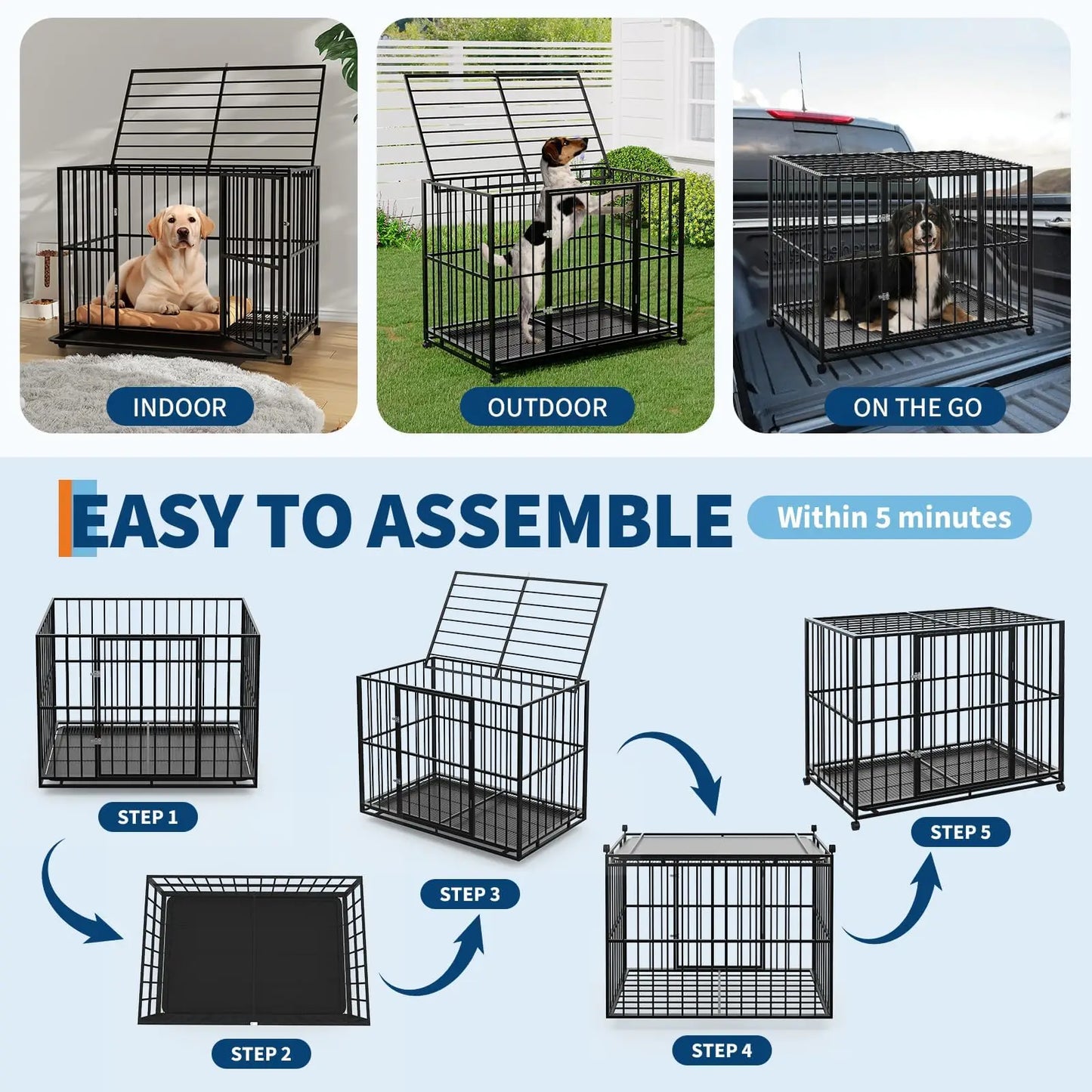 HiMISS Indestructible Heavy Duty Stainless Steel Dog Kennel With Wheels