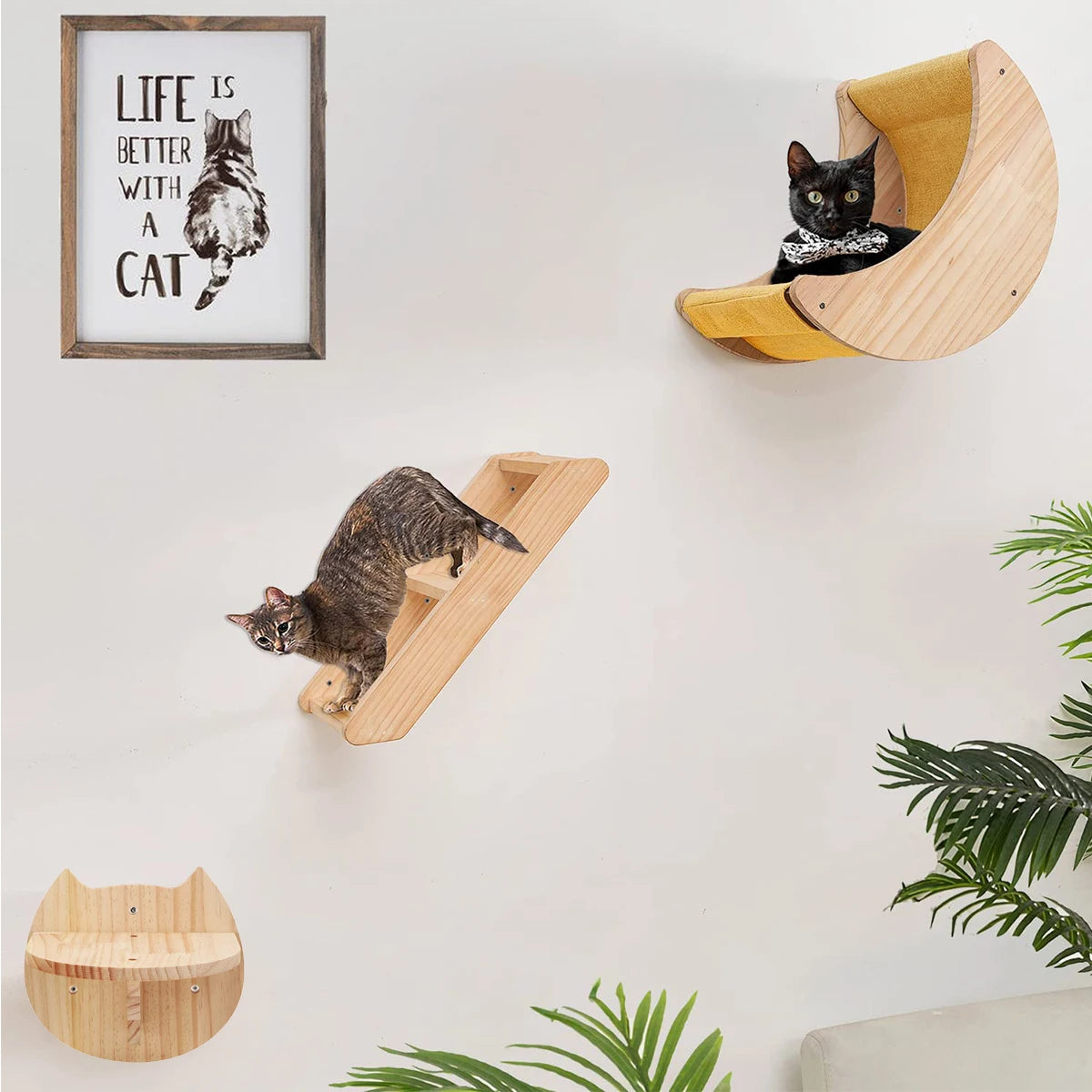 PETRAVELCN Moon Shaped Cat Wall Shelf Hammock Wooden Steps