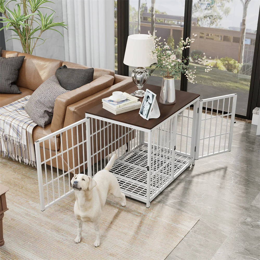 BORWAR Elevated Wooden Dog Crate End Table With Lattice Doors