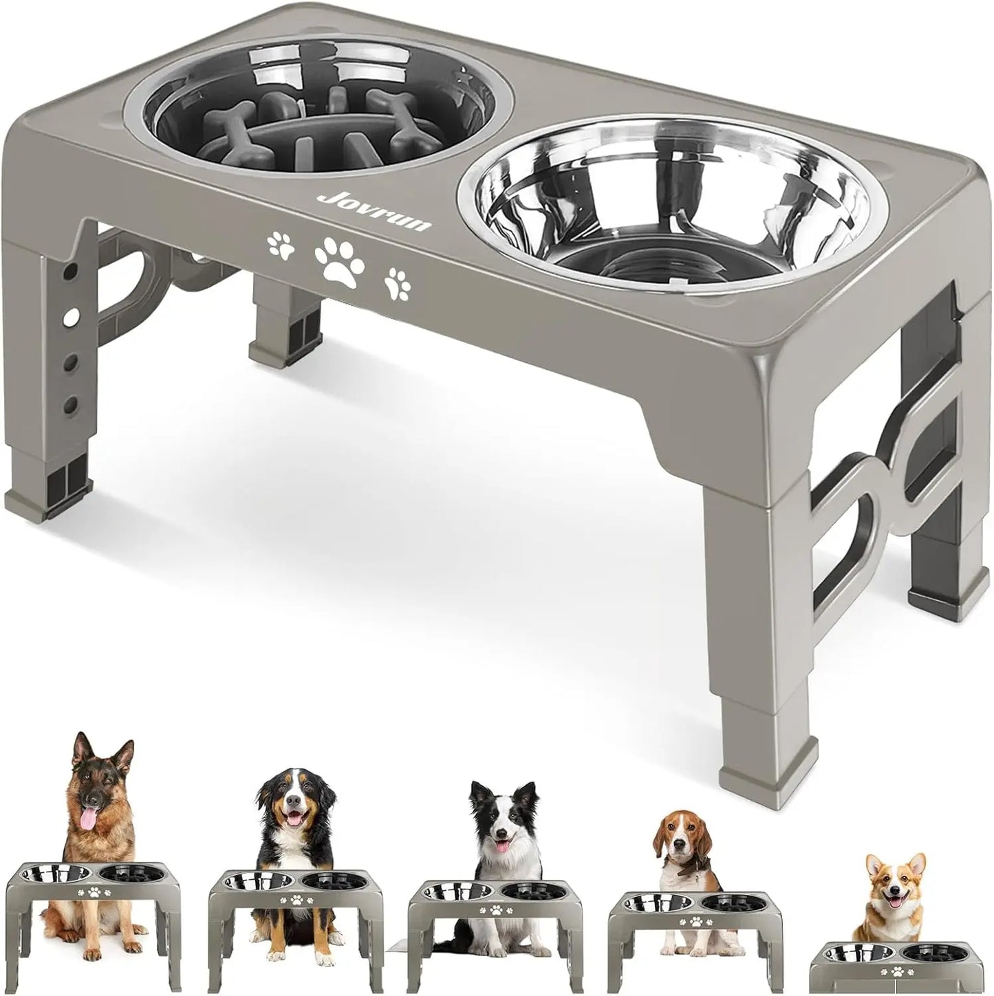 5 Heights Adjustable Elevated Dog Bowls Stainless Steel Slow Feeder