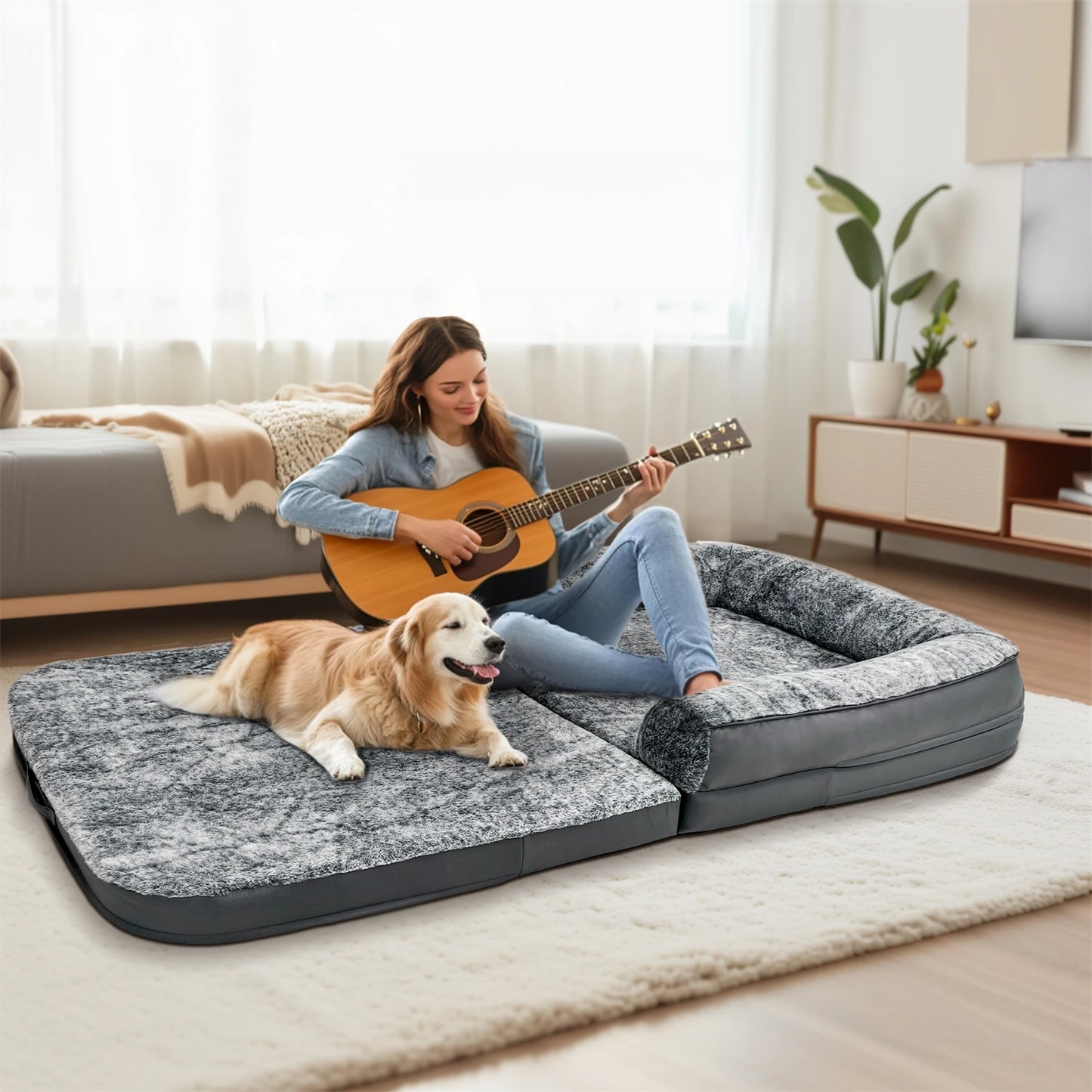 BINGOPAWCN Calming Dog Bed With Plush Cover And Foam Base