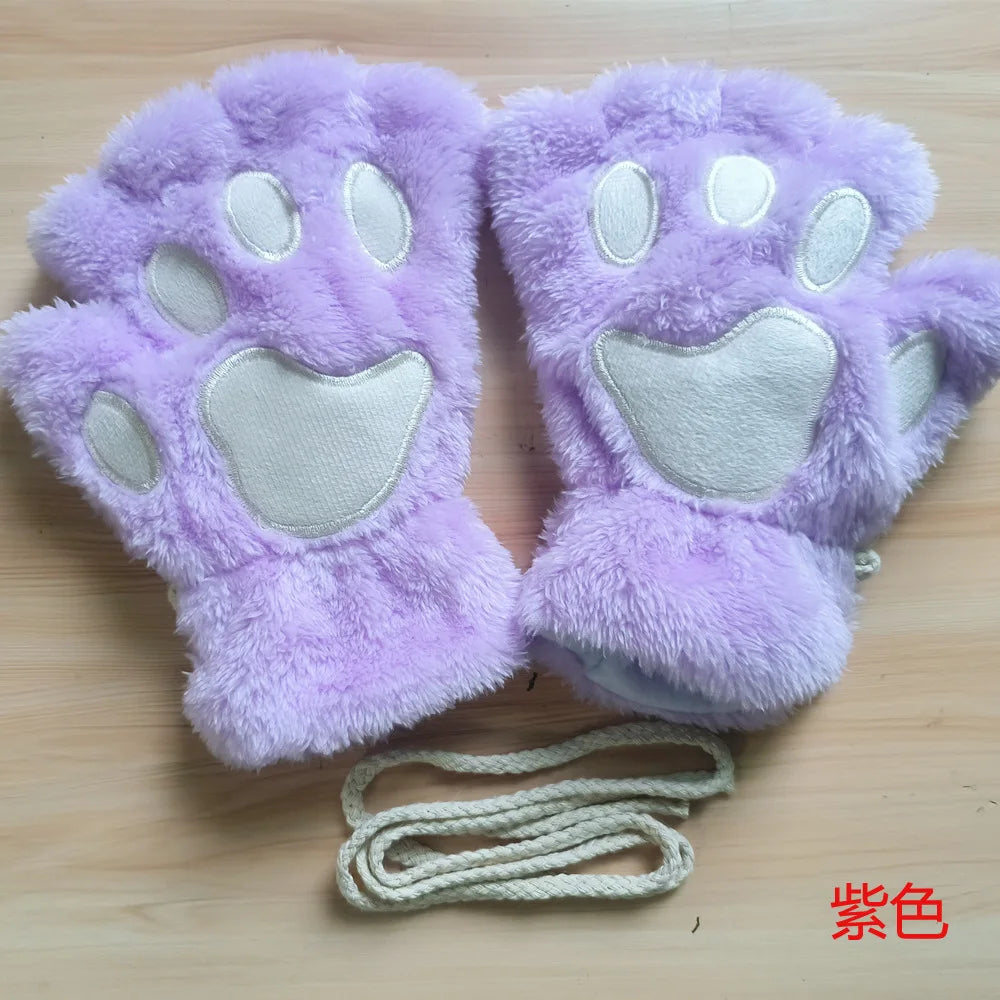 Plush Cat Claw Paw Gloves Fingerless Mittens Warm Cozy Fleece