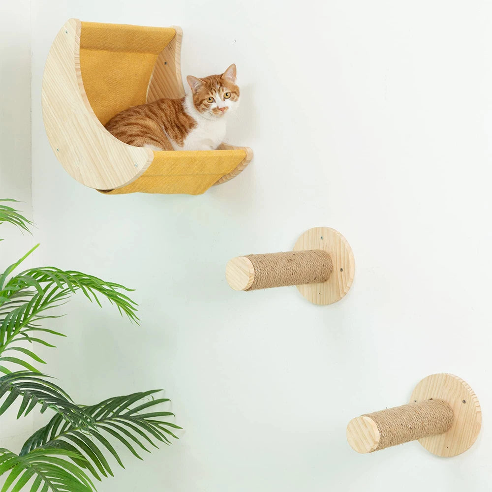PETRAVELCN Moon Shaped Cat Wall Shelf Hammock Wooden Steps