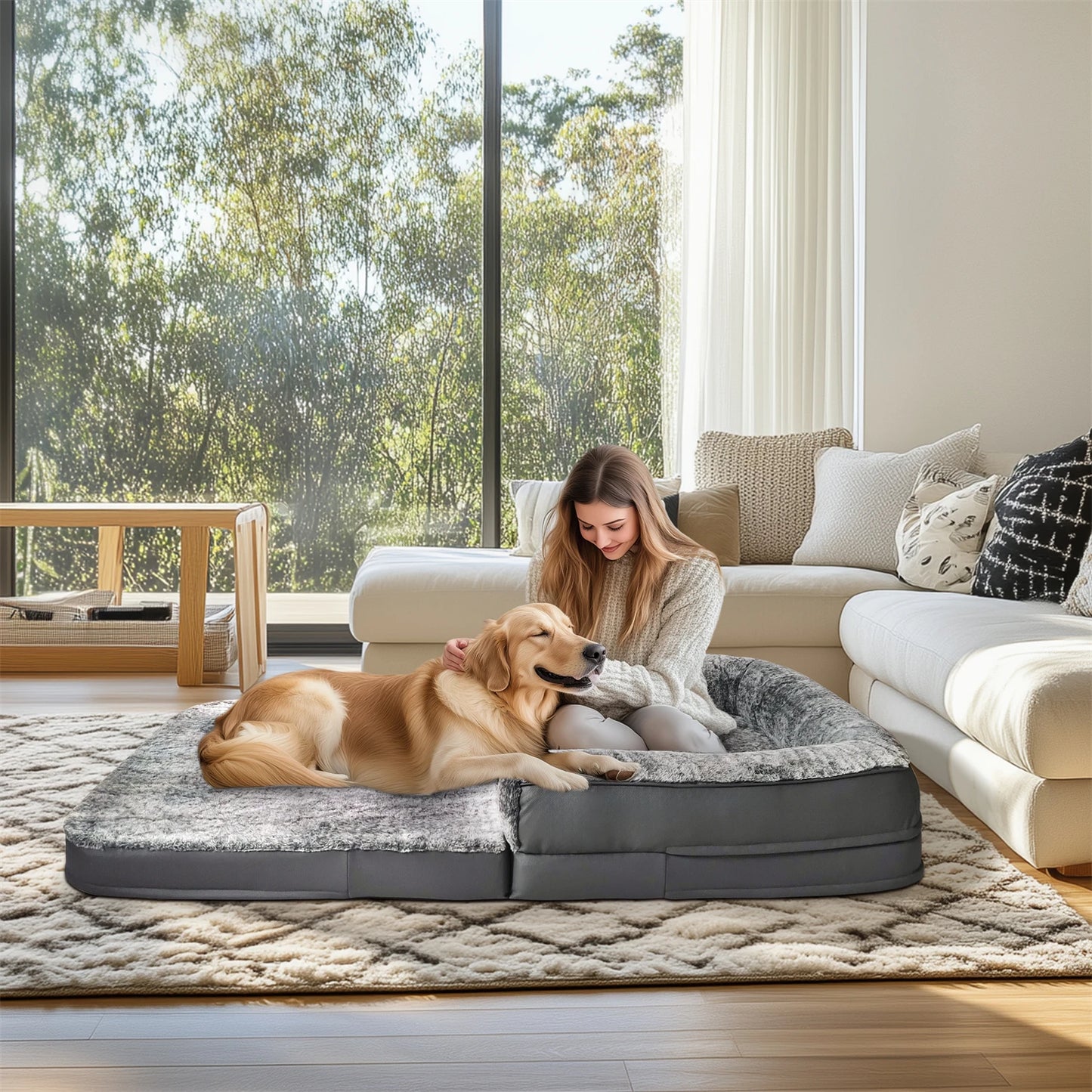 BINGOPAWCN Calming Dog Bed With Plush Cover And Foam Base