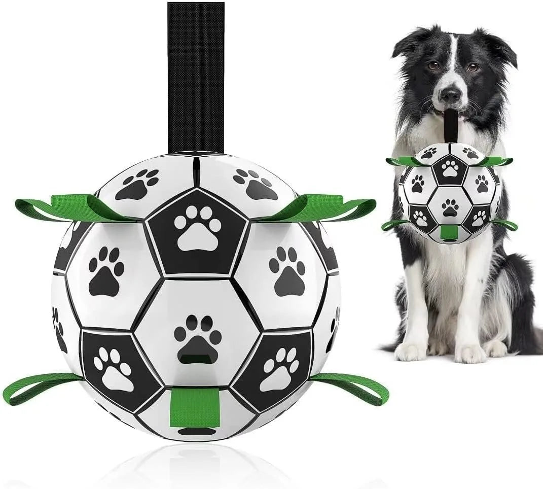 Durable PU Rubber Dog Soccer Ball With Straps For Fetch