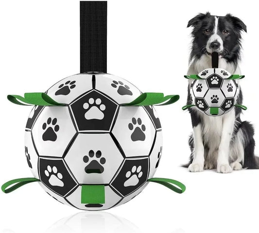 Durable PU Rubber Dog Soccer Ball With Straps For Fetch